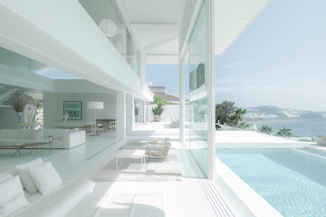 The lens captures a pure white house with an airy design, minimalist furniture, and a stunning infinity pool visible through transparent walls.