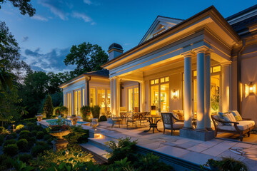 The inviting exterior of a luxury home under the evening sky, illuminated from within, featuring...