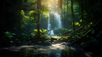 Beautiful waterfall in tropical rainforest. Panoramic view.