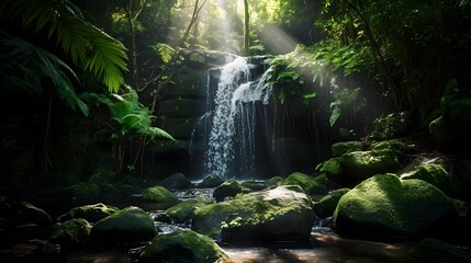 Panorama of a waterfall in the jungle. Panoramic image.