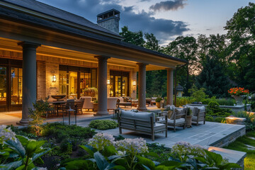 The peaceful evening ambiance of a luxurious residence, warmly lit interiors, a covered porch with lavish outdoor seating, and a garden epitomizing gardening artistry.