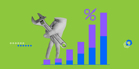 Increasing labor productivity concept. Hand with spanner follows ascending schedule with percent sign. Minimalist art collage