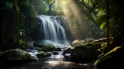 Panorama of a waterfall in a tropical rainforest with sunbeams - obrazy, fototapety, plakaty