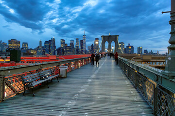 New York skyline from Brooklyn Bridge at night in Manhattan, New York City