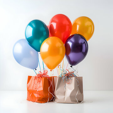 Colorful balloons and shopping bags on a white background. 3d render