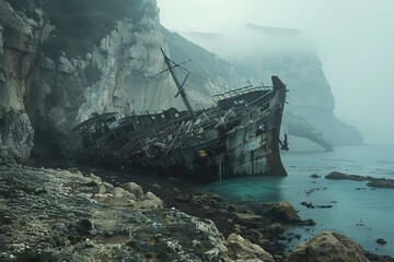 A haunted shipwreck stranded on a desolate shore - obrazy, fototapety, plakaty