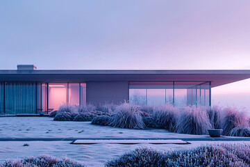 The sleek silhouette of a house in soft pink, captured on a crisp winter morning. Frost-covered plants and dew-kissed lawn create a stunning contrast.