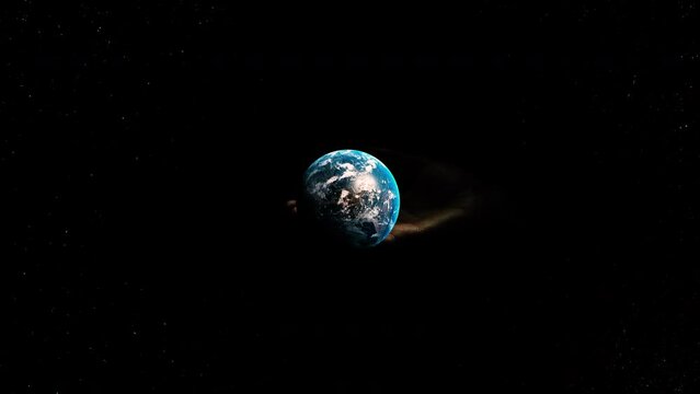 A huge hand shields planet Earth from asteroids. A huge palm appears in space and pushes away asteroids flying towards planet Earth. The idea of God, religion, ecology, saving the planet. 