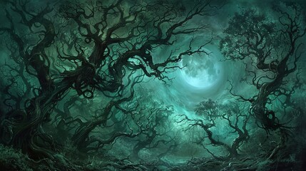 A moonlit forest shrouded in mist, with twisted, gnarled trees, dark shadows in the horror night woods