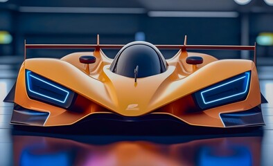 Futuristic Racing Car Speeding on Neon-lit Track, Symbolizing Innovation and Speed in Concept of Future Transportation
