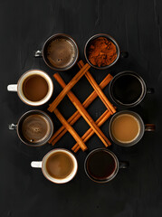 Coffee cups and cinnamon best thing for harmony  concept of relaxation and enjoyment. - obrazy, fototapety, plakaty