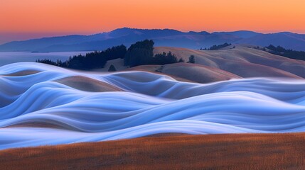 Obraz premium Landscape painting featuring rolling hills, distant mountains, sunset, and pink backdrop