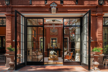 Through the lens, a majestic red brick house reveals open interiors, opulent furnishings, and glass doors opening to a lavish patio. - obrazy, fototapety, plakaty