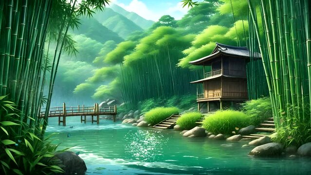 green bamboo forest full of water, and a small house by the river and a wooden fence. Seamless looping 4k time-lapse video animation background 