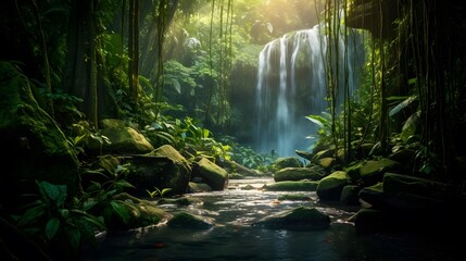 Panorama of a beautiful waterfall in a tropical rainforest at sunrise