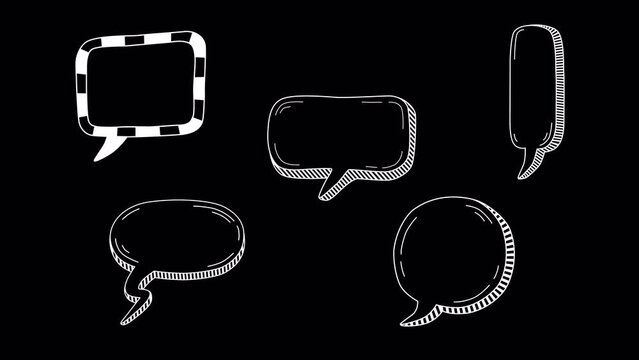 5 animated speech bubbles in cartoon doodle style with alpha channel. Hand drawn animation, wiggle stroke line.