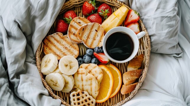  An image of a wicker basket brimming with assorted fruits and waffles, atop a cozy bed with a steaming cup of coffee nearby