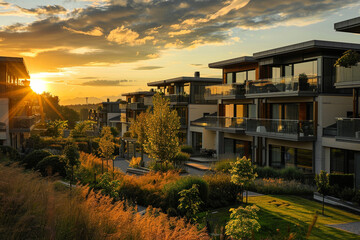 Tranquil late afternoon view of European apartment complex, modern living coexisting with nature.