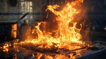 Obraz premium Fire in Kitchen. Flame, Accident, Disaster, Indoor, Insurance, Dangerous, Danger, Wreckage, Fireman, Fire Engine, Heat, Inferno 
