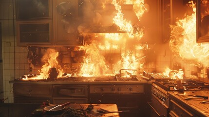 Fire in Kitchen. Flame, Accident, Disaster, Indoor, Insurance, Dangerous, Danger, Wreckage, Fireman, Fire Engine, Heat, Inferno
