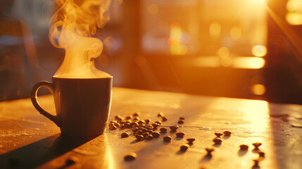 A mug of hot coffee with scattered coffee beans on a table. Morning golden hour in a cafe.
