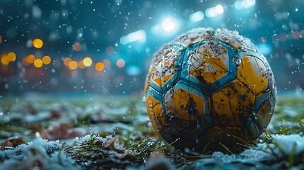 Capture the intricate stitching of a worn-out football under stadium floodlights, showcasing its journey through countless matches. - obrazy, fototapety, plakaty