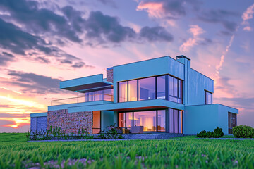 Twilight scene of a contemporary house in pastel blue, against a transitioning sky. Green grass, blend of brick and stone, and precise landscaping details.