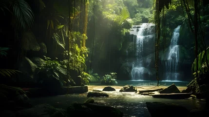 Fotobehang Beautiful waterfall in tropical rainforest. Panoramic view. © Iman