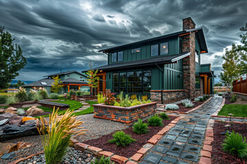 Naklejka premium Under a cloudy afternoon sky, a modern home with dark green walls nestles among vibrant surroundings. Brick, stone, and meticulously maintained landscaping create a cozy and inviting atmosphere.