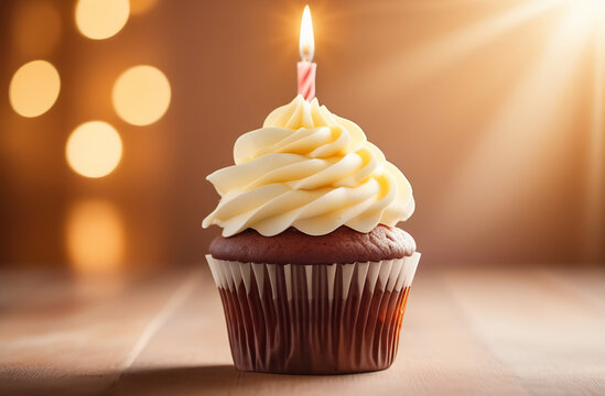Birthday cupcake with one birthday cake candle on a brown background with copyspace to side