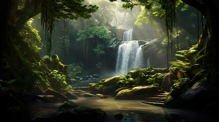 Beautiful waterfall in the jungle. Panoramic image of a waterfall in the forest.