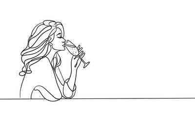Elegant girl drinks wine or champagne from a glass, continuous line art drawing isolated on white background. Girl enjoying a drink line art drawing. Vector illustration - obrazy, fototapety, plakaty