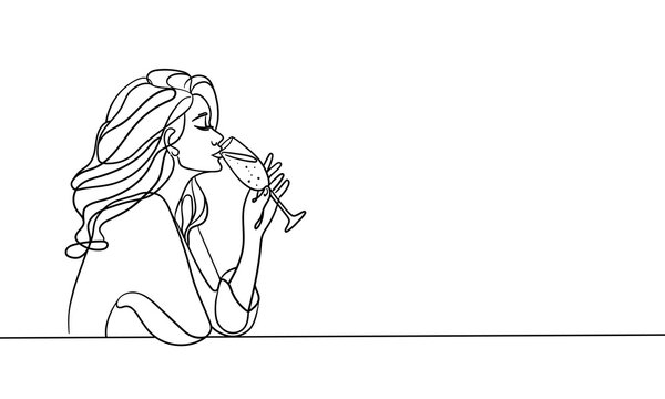 recommend clip art: Elegant girl drinks wine or champagne from a glass, continuous line art drawing isolated on white background. Girl enjoying a drink line art drawing. Vector illustration