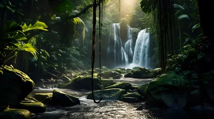 Wandcirkels tuinposter Panoramic view of a waterfall in a tropical rainforest at sunrise © Iman