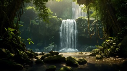 Beautiful waterfall in deep rainforest. Panoramic view. - obrazy, fototapety, plakaty