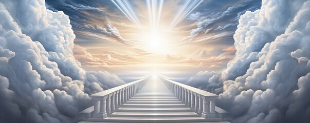 way to heaven with light glow from the eternal horizon, concept of adventure to unknown place, Generative Ai	
