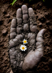 Nurturing Nature: Hand Holding Soil with Blooming Daisies. Concept of Environmental Conservation and Growth