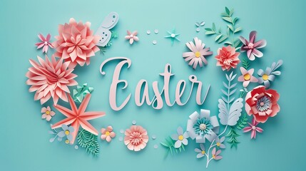 paper illustration. word Easter written in carved paper flowers on pastel background. - obrazy, fototapety, plakaty