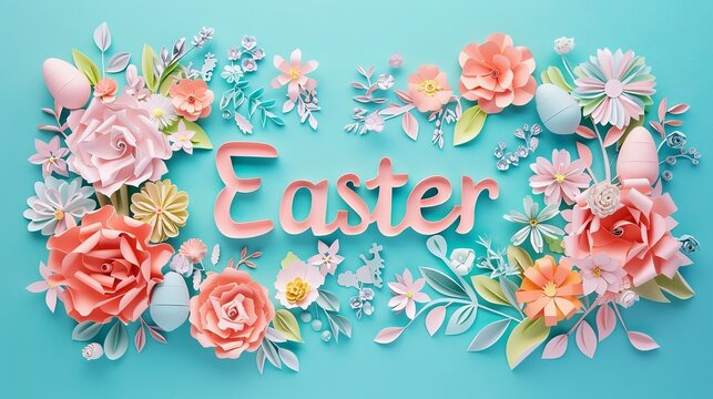 paper illustration. word Easter written in carved paper flowers on pastel background.