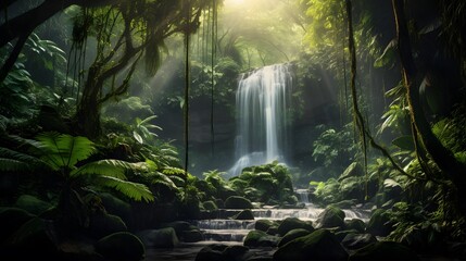 Beautiful waterfall in deep tropical rainforest. Panoramic photo