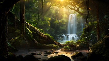 Panoramic view of the beautiful waterfall in the forest at sunrise