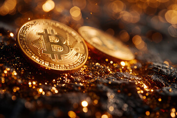 Bitcoin golden coin, neon light glow 