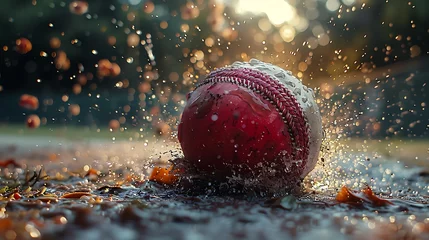 Fotobehang Capture the kinetic energy of a cricket ball mid-flight, its trajectory frozen in time as it hurtles towards the waiting hands of a fielder. © Rao