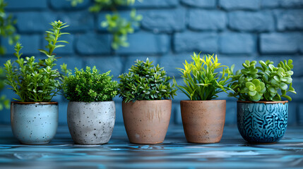 Potted plants sitting on surface, brick background generative aI

