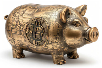 Golden piggy bank with bitcoin symbol 