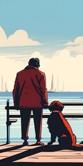 Rear view of man and his dog looking at lake sea water. Generative AI - 770067149