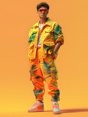 A fashion model wearing a yellow jacket and orange pants is standing on a yellow background, showcasing a unique costume design for an entertainment event - obrazy, fototapety, plakaty