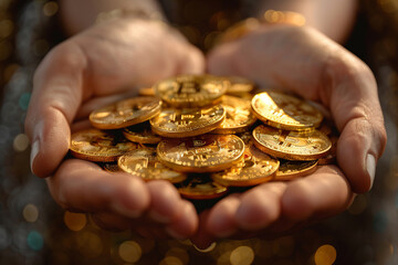 Golden Bitcoin in hands