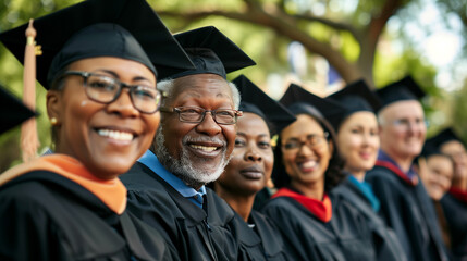 Portrait of happy group of mature students on graduation from university and receiving diplomas.