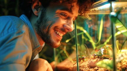 Entomology enthusiast admiring a beetle in a terrarium. Happy man watching insect life. Concept of biological interest, hobbyist entomologist, nature interaction, and learning about insects. - obrazy, fototapety, plakaty